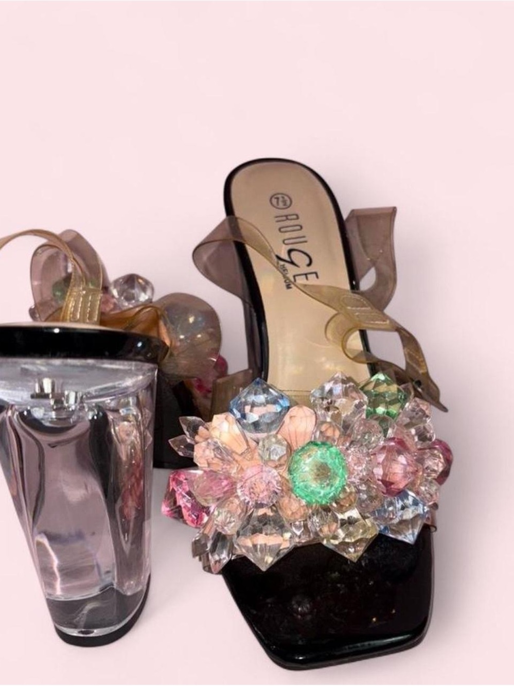 Rouge Helium Black Slide Sandals with Multicolor Crystal Cluster